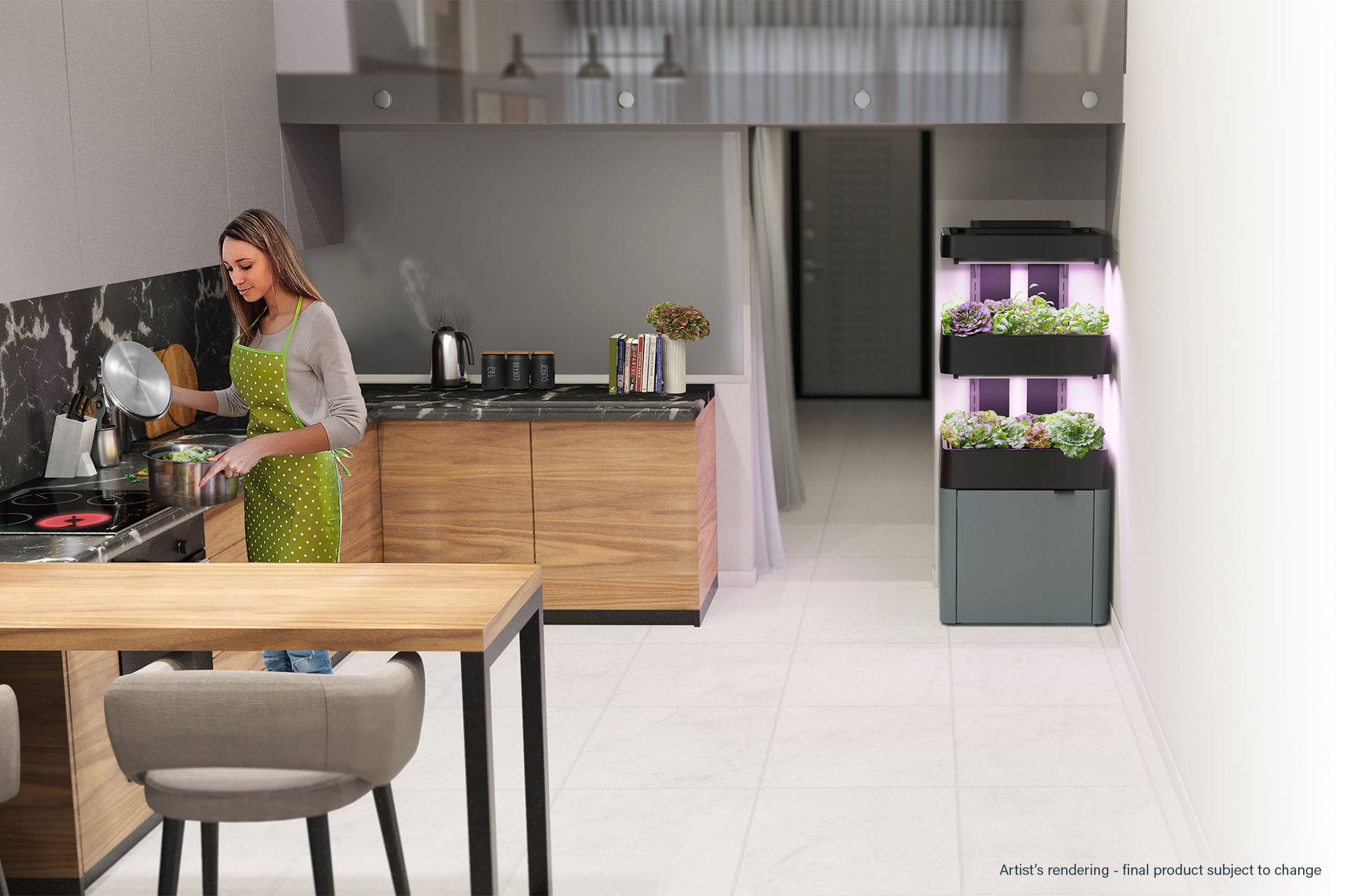 Terrace Home in a home kitchen environment with woman standing at stove cooking - disclaimer "Artist's rendering - final product subject to change"
